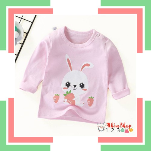 Áo thun dài tay bé gái từ 1 đến 5 tuổi mùa thu đông chất cotton giá rẻ màu hồng, họa tiết thỏ