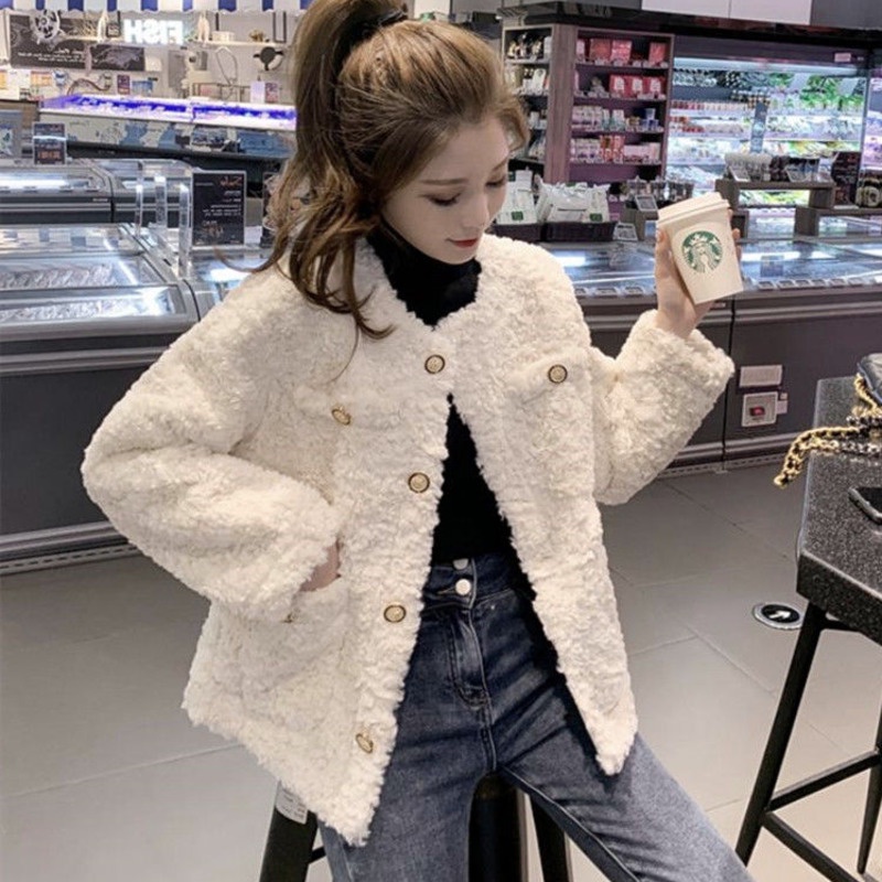 Áo Khoác Lông Cừu Tay Dài Phong Cách Hàn Quốc Thời Trang Cho Nữ
