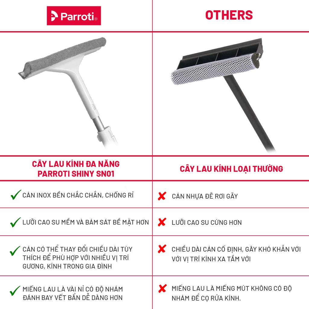 Cây lau kính thông minh, gạt chùi kính đa năng 2 đầu trong 1, cán tăng giảm chiều dài Parroti Shiny