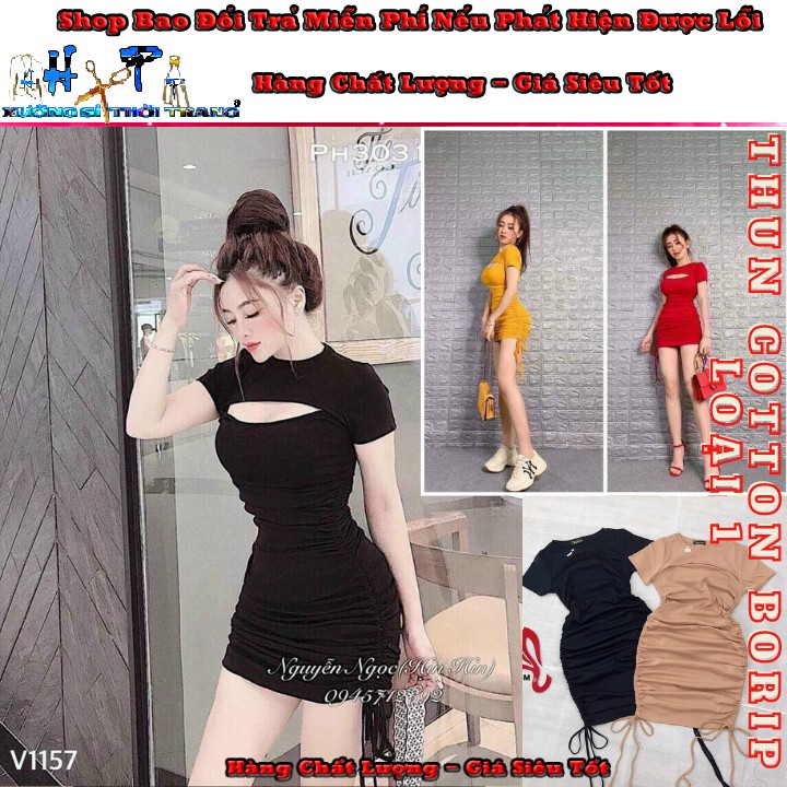 Váy Đầm body sexy ngắn tay xẻ ngực rút dây cổ tròn mẫu mới thời trang 2021 - VD31