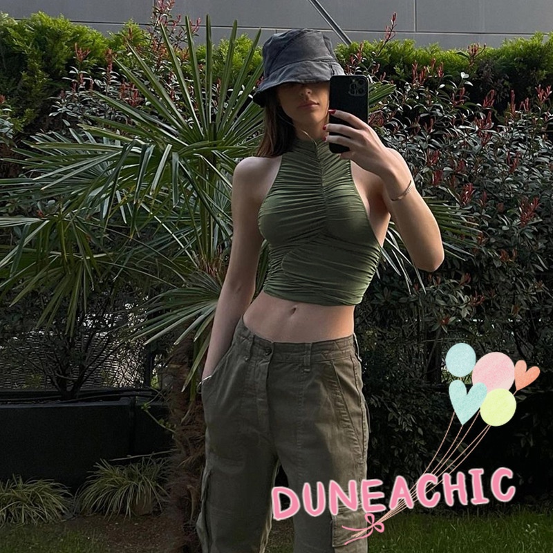 DUNEA Áo tank top cổ tròn xếp ly thời trang đường phố cá tính dành cho nữ