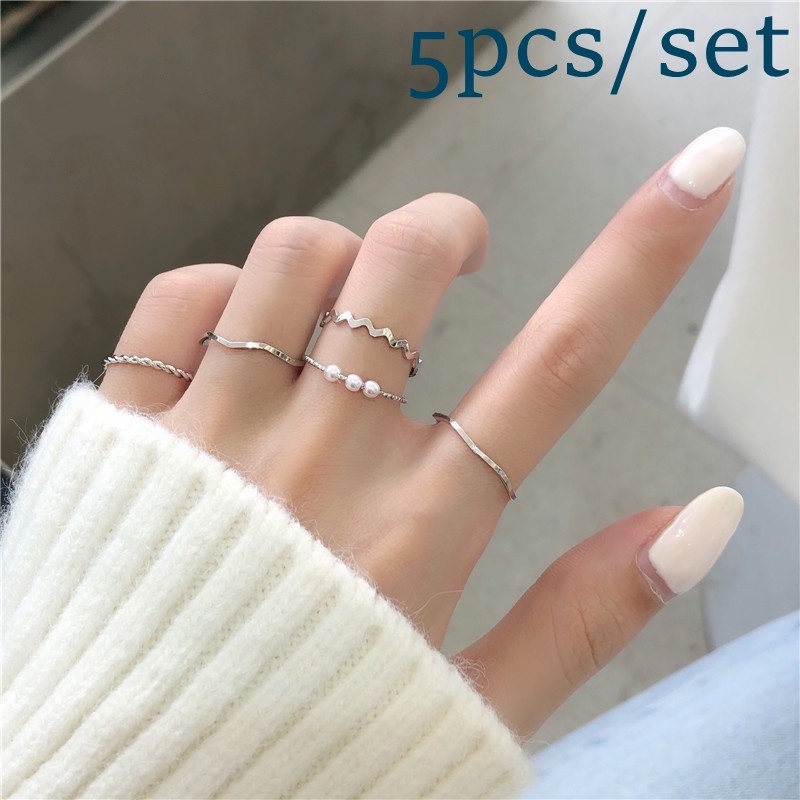 Set 5 Nhẫn Mạ Vàng/Bạc Đính Ngọc Trai Nhân Tạo Phong Cách Hàn Quốc