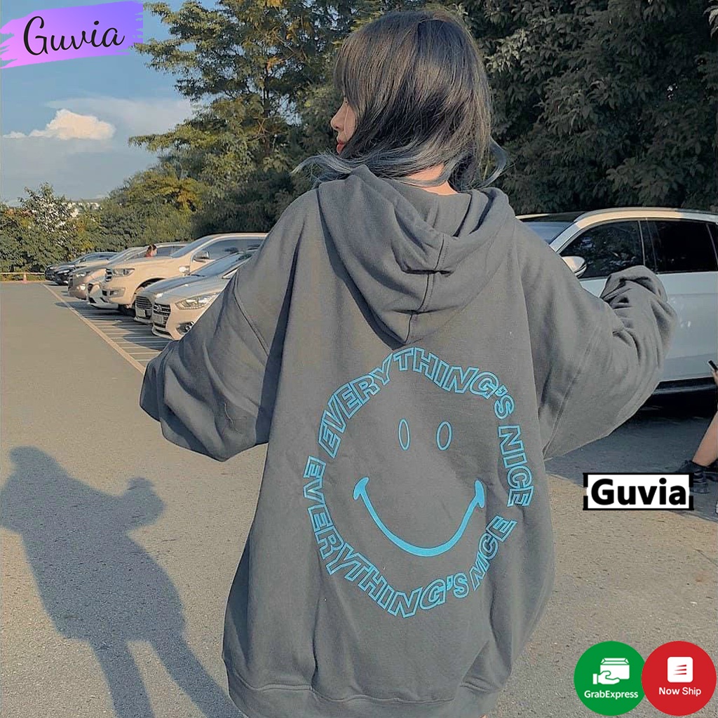 Áo khoác nỉ Hoodie MẶT CƯỜI Dây Kéo form rộng áo nỉ bông nữ Unisex AKN4 Guvia