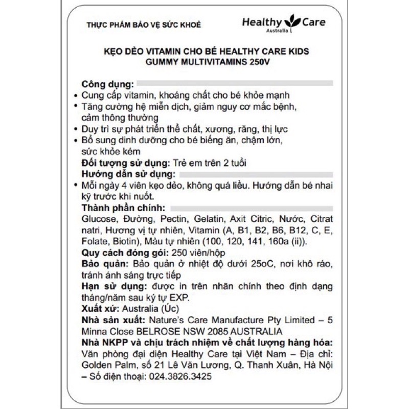 Kẹo dẻo vitamin Gummy Multivitamin Healthy Care 250 viên
