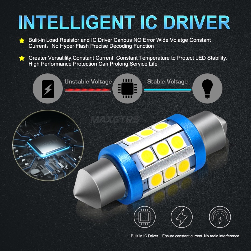 Bộ 2 Bóng Đèn LED MAXGTRS 12V 24V Chip Festoon C5W C10W 3030 Canbus 6000K Dùng Làm Đèn Nội Thất/Đèn Biển Số Xe