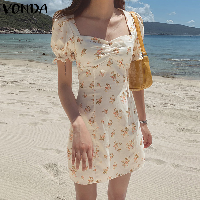 VONDA Women Korean Casual Square Neck Short Sleeve Floral Sexy Short Dress | BigBuy360 - bigbuy360.vn