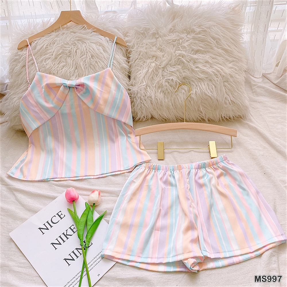 Bộ Đồ Ngủ Pyjama MAI SLEEPWEAR Lụa Mặc Nhà Áo Dây Quần Ngắn Phối Nơ Trẻ Trung Cao Cấp MS997