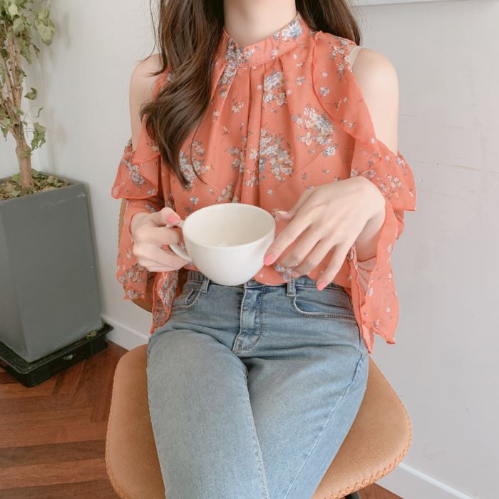 Áo chiffon trễ vai Xiaozhainv tay loe họa tiết hoa phong cách Pháp thời trang cho nữ