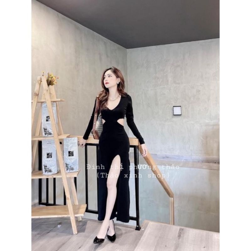 [FREESHIP] Đầm body khoét eo hai bên có xẻ đùi tôn dáng tay dài cá tính chất borip cotton