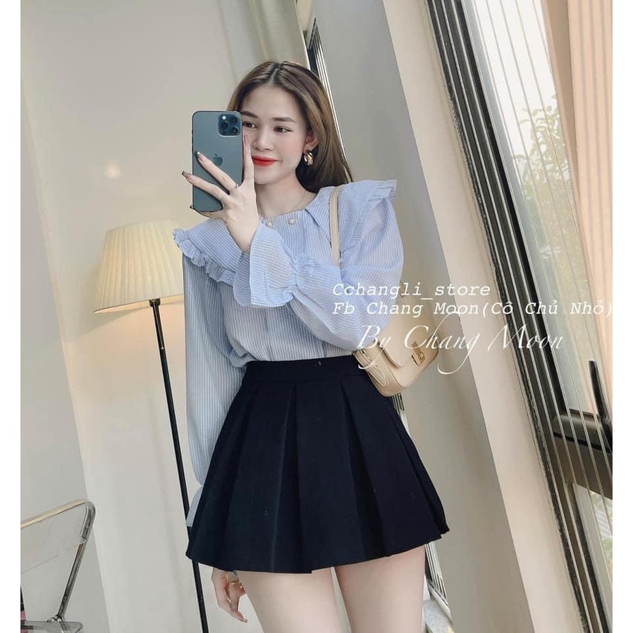 Áo sơ mi kẻ xốp điệu tay bo xinh xắn