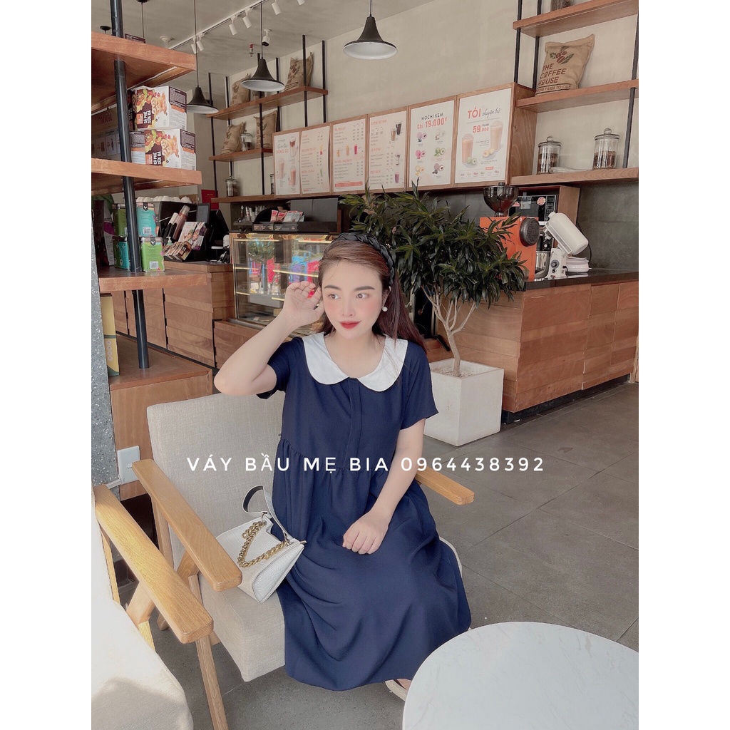 Váy bầu bigsize 40-100kg Váy Bầu Công Sở, Đầm Bầu Babydoll Xanh Than Phối Cổ Sen Trắng [Video + ảnh thật MB245