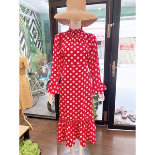 Đầm chấm bi maxi tay loe thời thượng n90-722