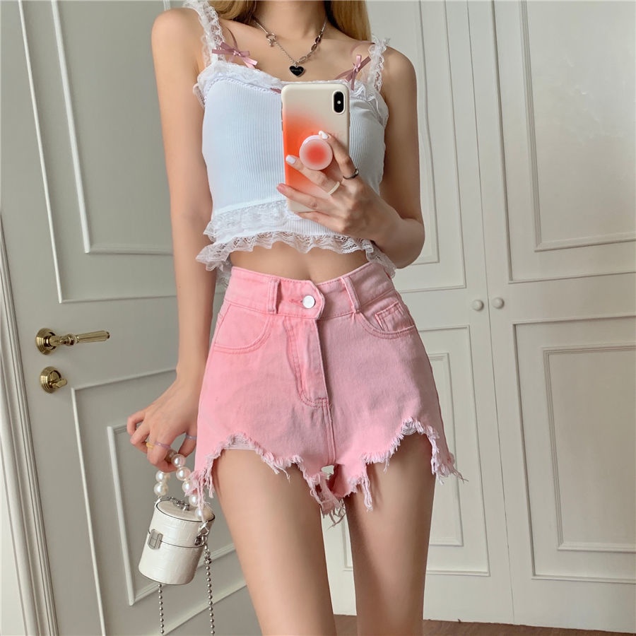 Jiashucheng Quần Short Denim Màu Hồng Lưng Cao Ống Rộng Không Đối Xứng Viền Raw Thời Trang Mùa Hè Hàn Quốc Mới Cho Nữ
