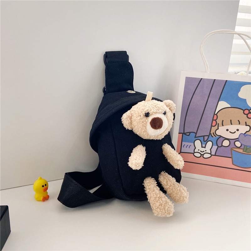 Túi Đeo Chéo Ngực Vải Canvas Mini Hình Gấu Dễ Thương Cho Bé