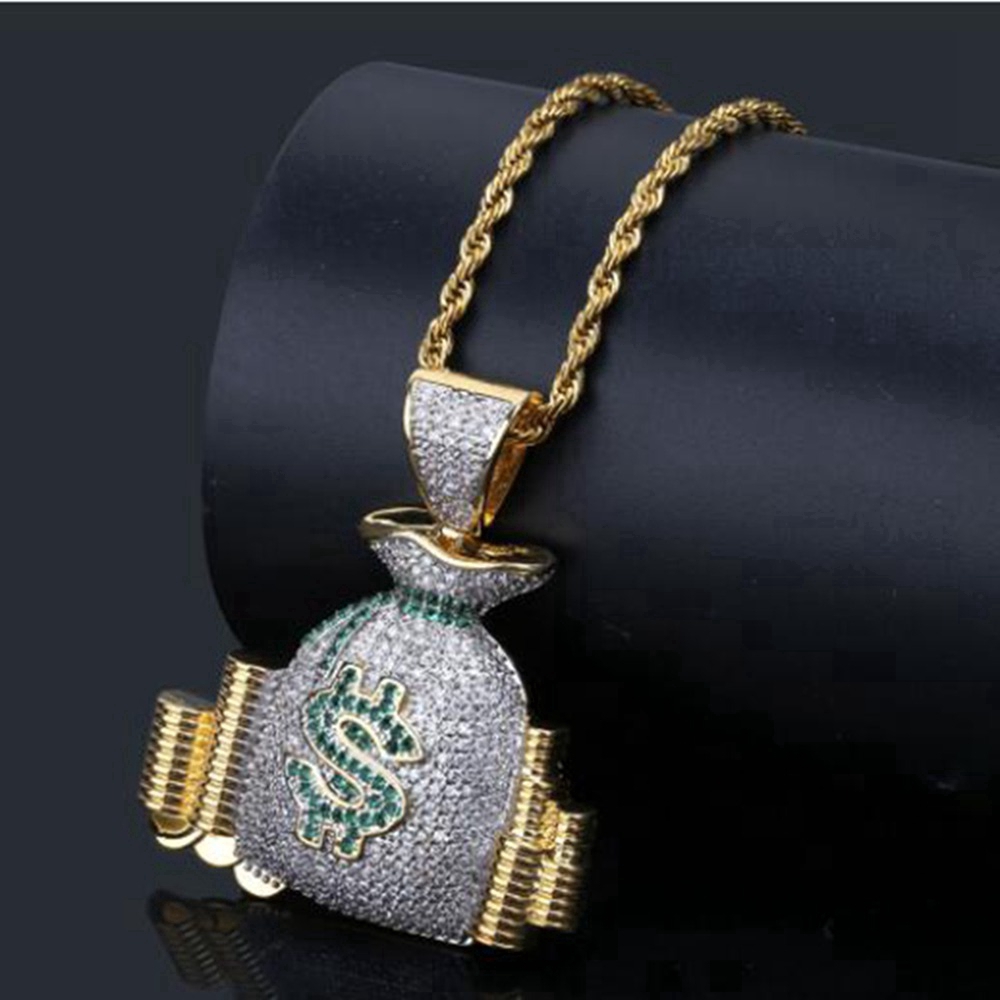 Vòng cổ mặt đồng xu túi may mắn đô la đính zircon cá tính hip hop hipster