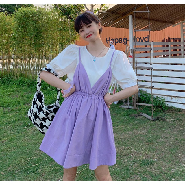 Váy Yếm Ulzzang Hàn Quốc Cute Màu Tím/Hồng/Vàng