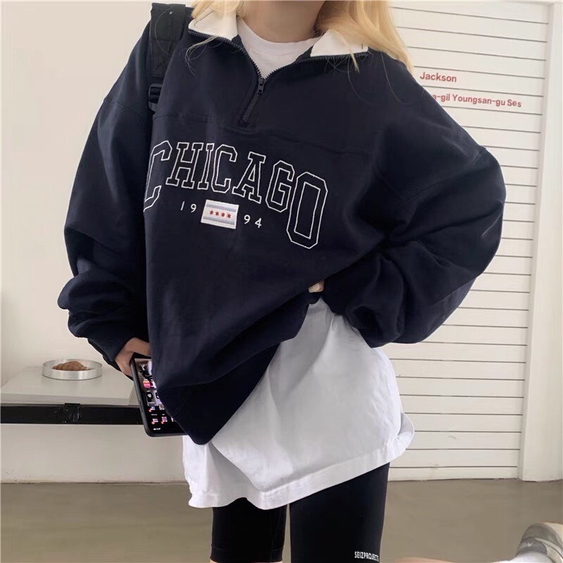 Áo sweater nam nữ form rộng unisex họa tiết chữ CHICAGO/ Áo nỉ tay bồng cổ khóa trẻ trung năng động_kudoshop | BigBuy360 - bigbuy360.vn