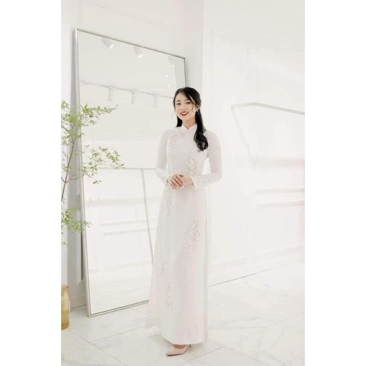 Áo dài trắng tây thi 2tà thêu thiết kế thủ công