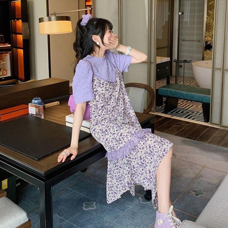 Set Áo Thun Ngắn Tay + Đầm Hoa Hai Dây Cho Bé Gái