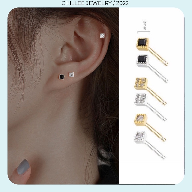 Khuyên tai bạc 925 nam nữ unisex siêu nhỏ mini đính đá CHILLEE