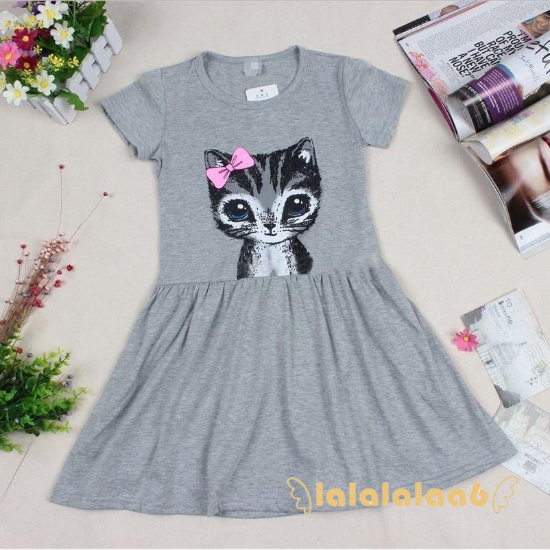 Đầm suông tay ngắn vải cotton mềm mại in hình mèo hoạt hình dễ thương cho bé gái