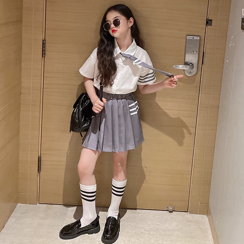 Set Áo Sơ Mi Và Chân Váy Xếp Ly Phong Cách Hàn Quốc Cho Bé Gái