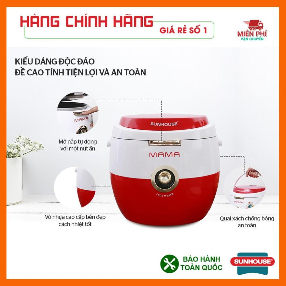 Nồi cơm điện Sunhouse Mama 1.8 lít SHD 8661, nồi cơm Sunhouse đỏ trắng, chống dính, nấu cơm ngon và mềm.