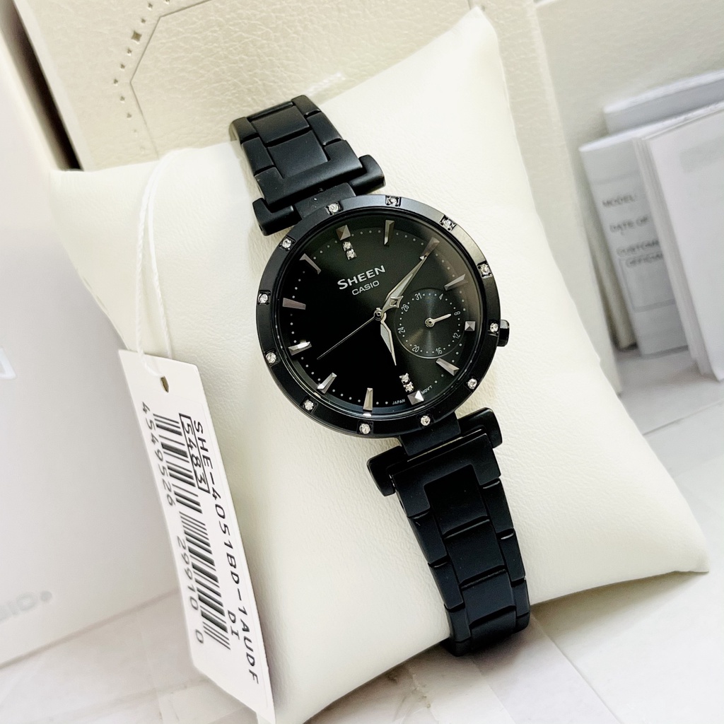 Đồng hồ nữ cao cấp Casio Sheen 4051BD Dây thép mạ ion đen mặt kính khoáng đính đá Bảo hành 1 năm Hyma watch