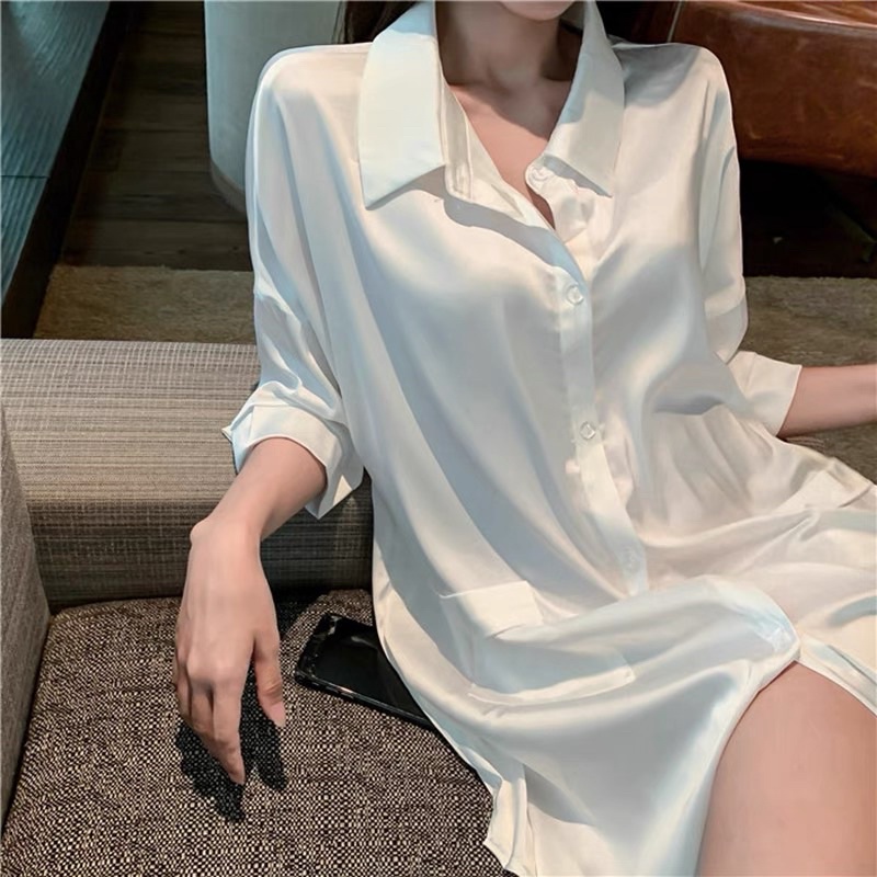 Váy ngủ nữ dáng sơ mi, áo choàng chất liệu lụa mềm mịn thoáng mát đồ mặc nhà quyến rũ sang chảnh