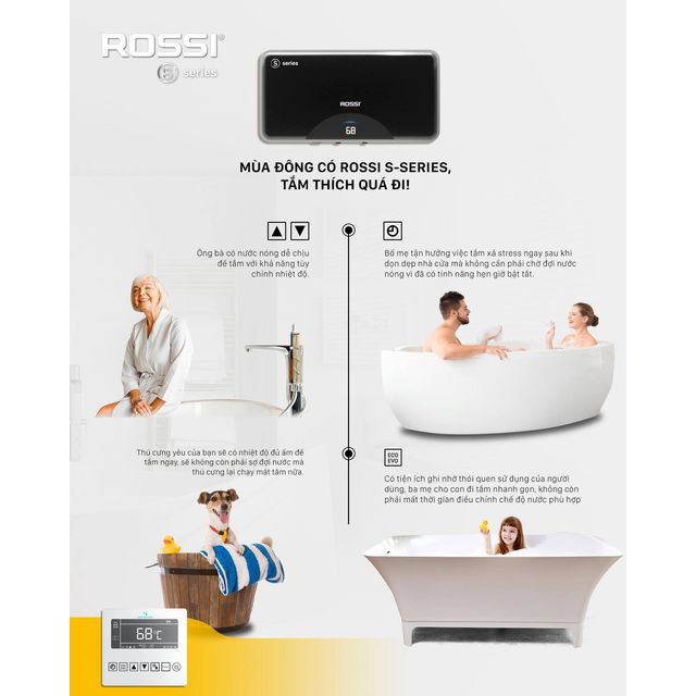 Bình nóng lạnh gián tiếp Rossi S-Series 15-20-30 LÍT NGANG, bảo hành 10 năm toàn quốc, tân á đại thành online