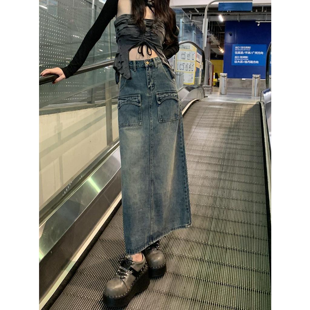 62385 Chân Váy Denim Dài Vừa Vặn Có Túi Phía Trước