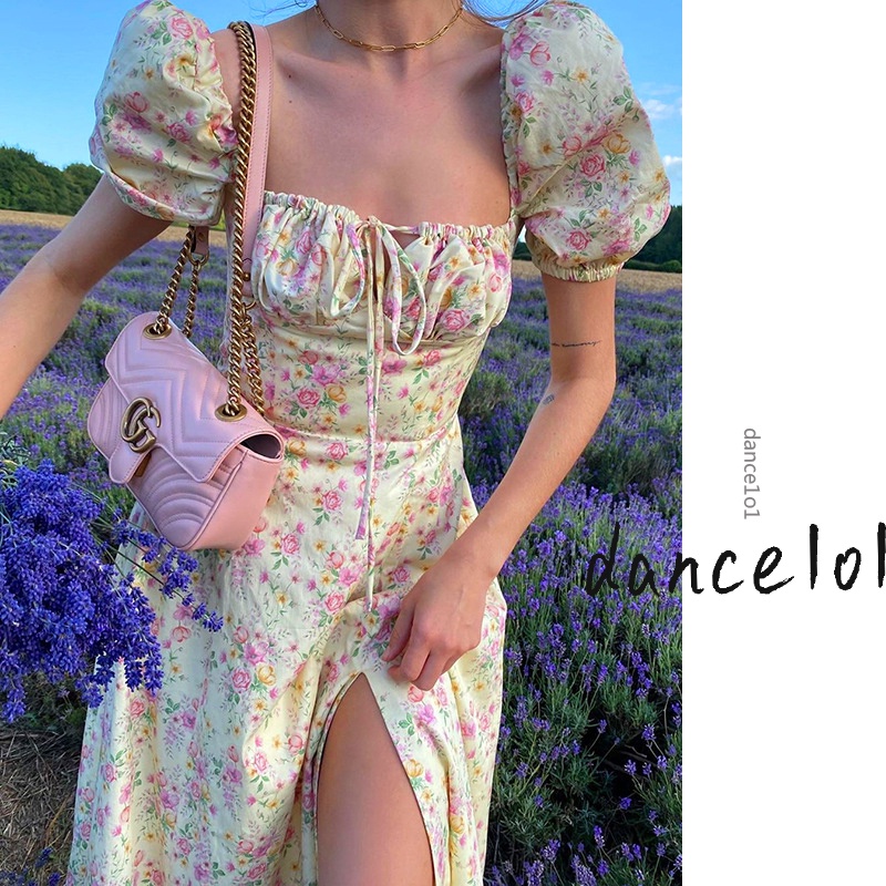 Đầm Dài Xẻ Tà Tay Ngắn Phồng In Họa Tiết Hoa Thời Trang Cho Nữ