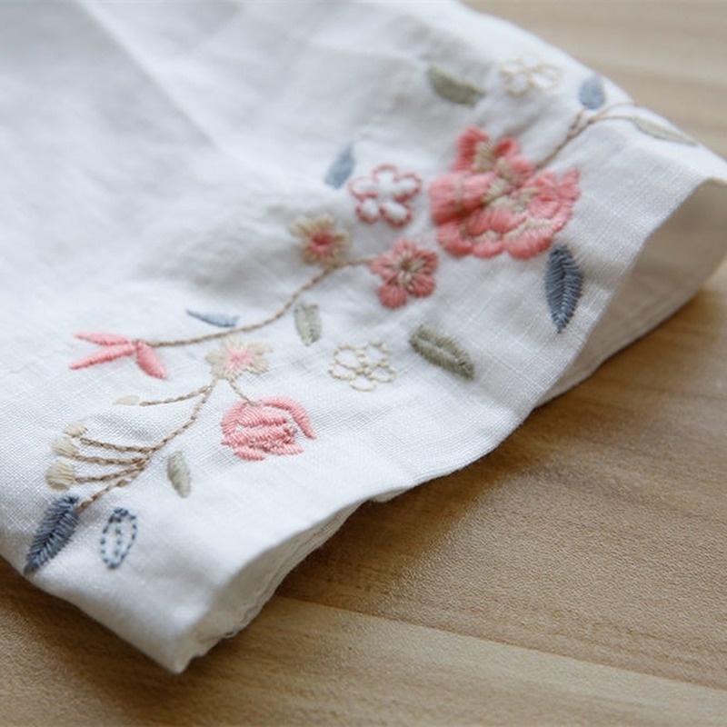 Áo Sơ Mi cotton Lanh Dáng Rộng Tay Thêu Họa Tiết Nút Đĩa Cổ Điển Mùa Hè Cho Nữ