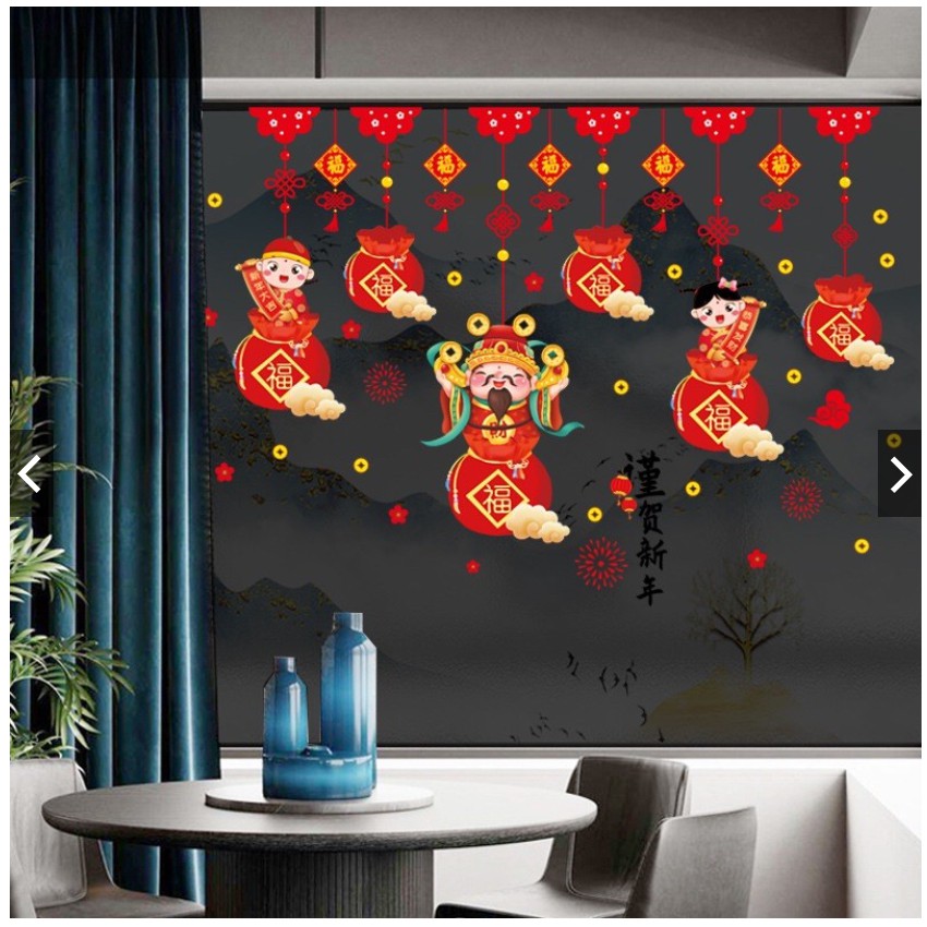 Decal dán tường tết - Rèm dây túi tiền thần tài nhí