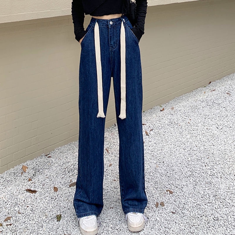Quần jean lưng cao ống rộng thiết kế dây rút thời trang thu đông hàng mới dành cho nữ