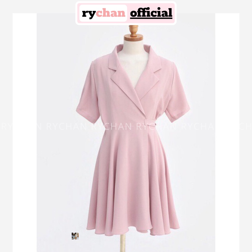 DX032 - Đầm Xòe Hồng Cổ Vest Đắp Tà Đầm Công Sở Đi Làm
