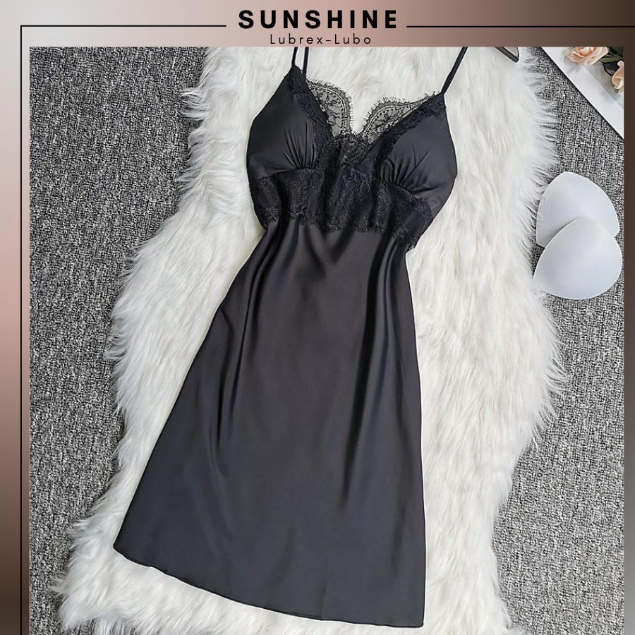 Váy ngủ lụa satin màu ĐEN hai dây cao cấp kèm mút ngực - SUNSHINE-LUBREXLUBO VLMNT130