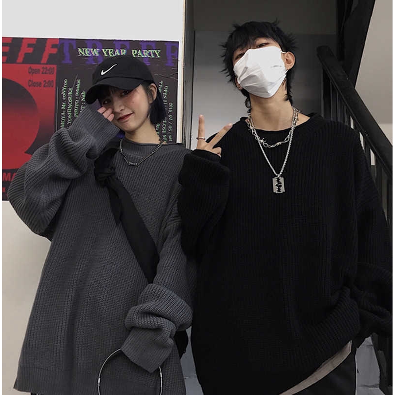 Áo len dệt kim cổ tròn dáng rộng màu trơn cho nam và nữ