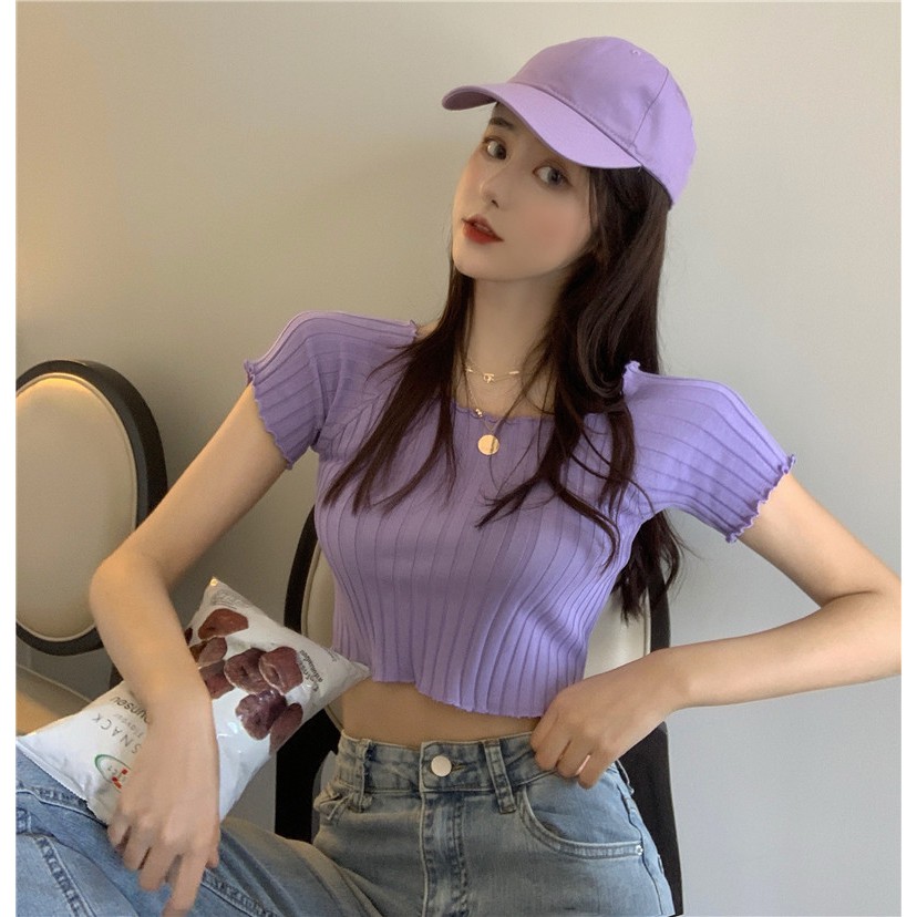 Áo croptop cổ vuông viền gợn sóng dệt kim gân đũa-ACN12