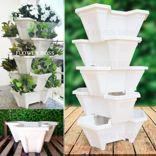 Chậu nhựa trắng xếp tầng tháp trồng rau, trồng cây cảnh, hoa quả, chậu tam giác