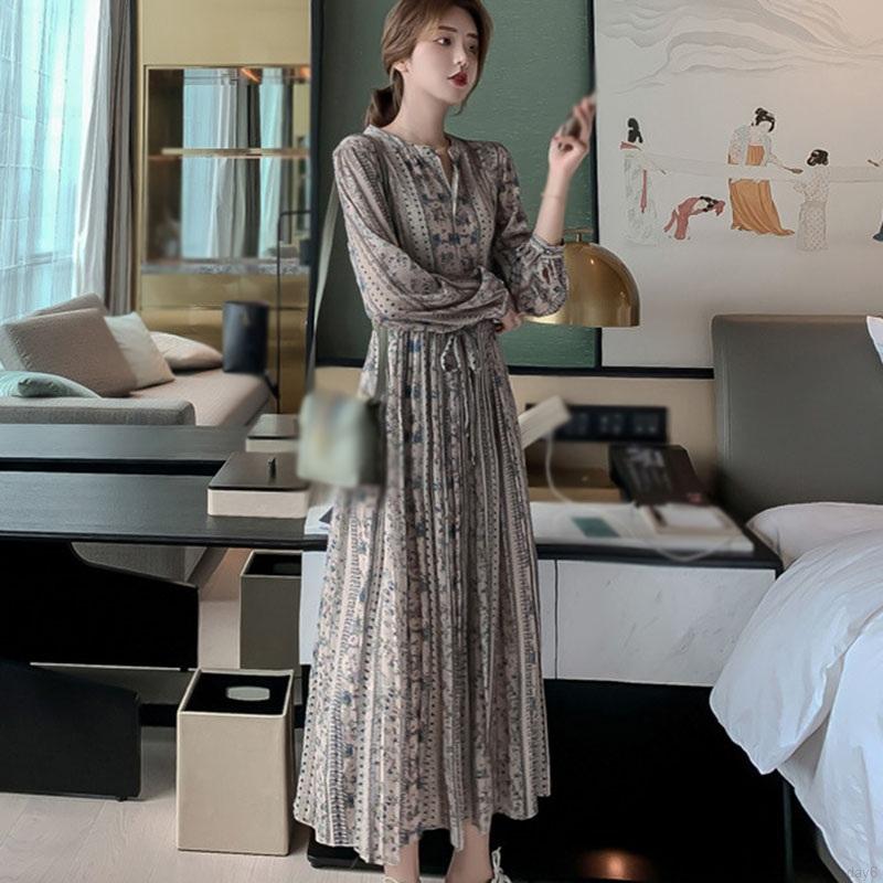 Đầm tay dài cổ tròn xếp ly thời trang Hàn Quốc cho nữ