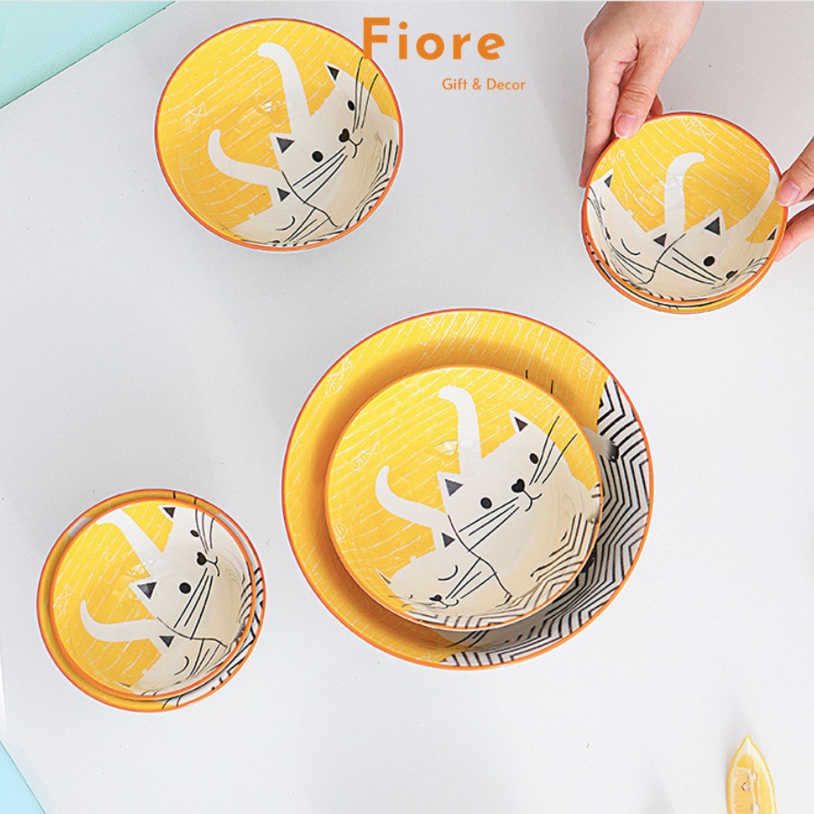 Bộ bát đĩa sứ - bộ bát họa tiết mèo vàng xinh xắn cho 1-2 người