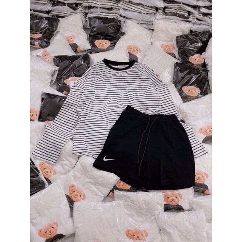 SÉT ÁO KẺ THỤNG DÀI TAY MIX MIX QUẦN ĐÙI THÊU CỰC XINH(kèm video ảnh thật)