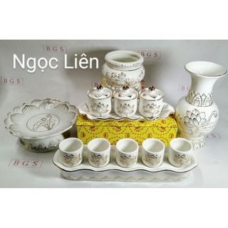 Bộ đồ thờ cúng sứ bạch ngọc hoa sen cho bàn thờ thần tài ngang 42cm trở xuống