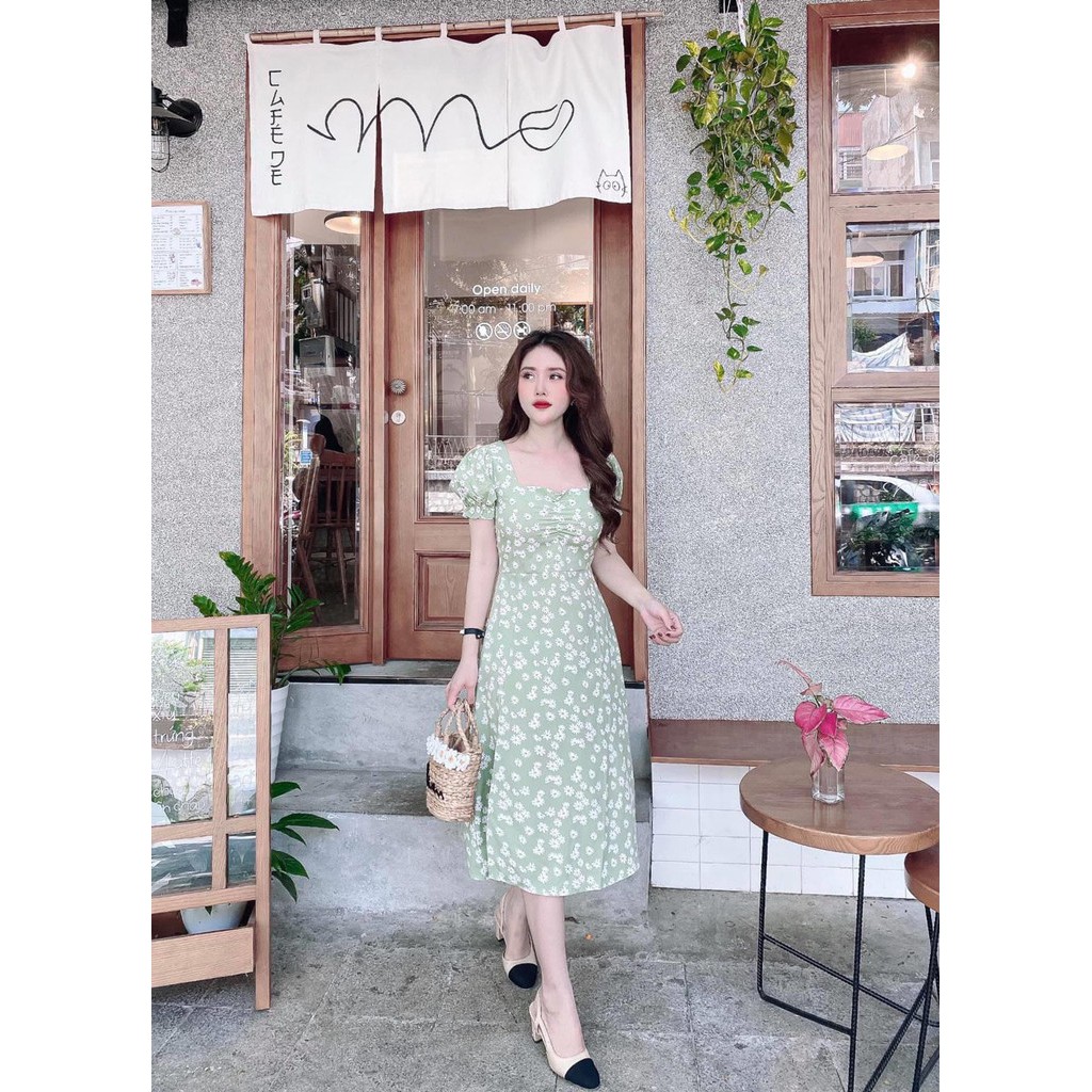 Váy Đầm Nữ Đi Chơi Hoa Cúc Rúm Ngực Tay Bồng Xẻ Tà Nữ Tính Xinh Xắn Thời Trang Habana123456 | BigBuy360 - bigbuy360.vn