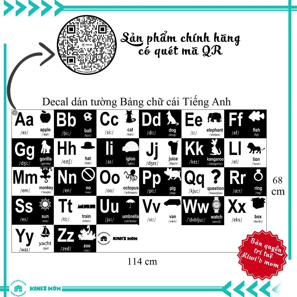 DECAL BẢNG CHỮ CÁI ĐEN TRẮNG KÍCH THÍCH THỊ GIÁC KIWI'S MOM 4 lớp cao cấp chống nước