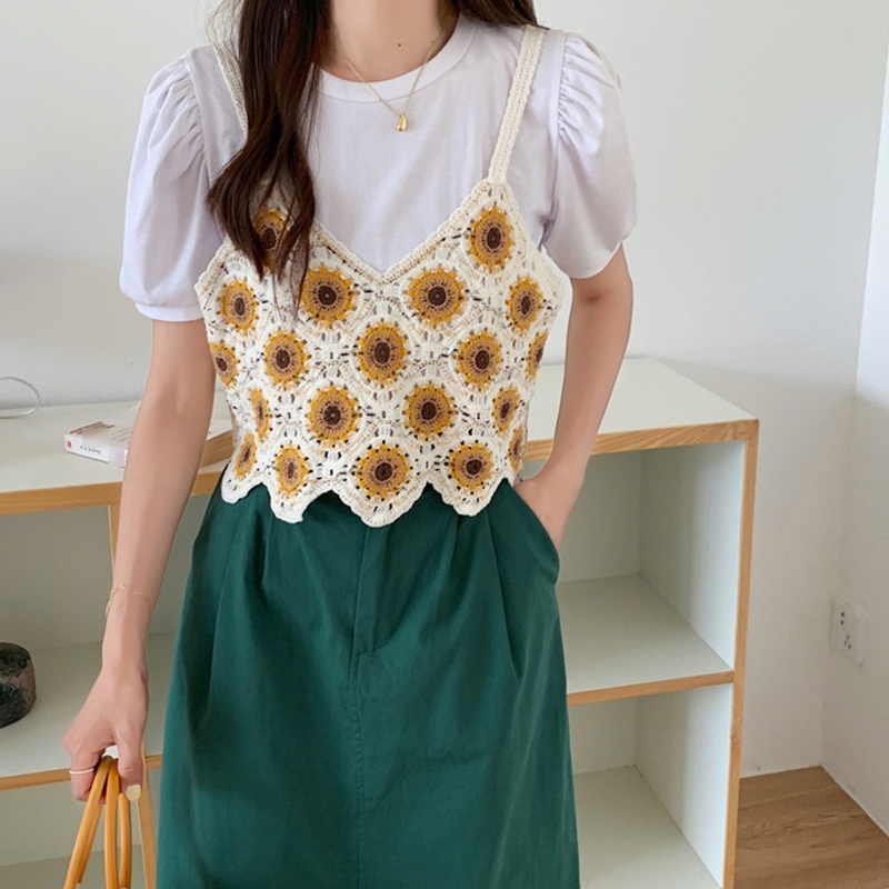 Áo Croptop Dệt Kim Không Tay Cổ Chữ V Dáng Rộng Thêu Hình Hoa Hướng Dương Phong Cách Vintage Cho Nữ