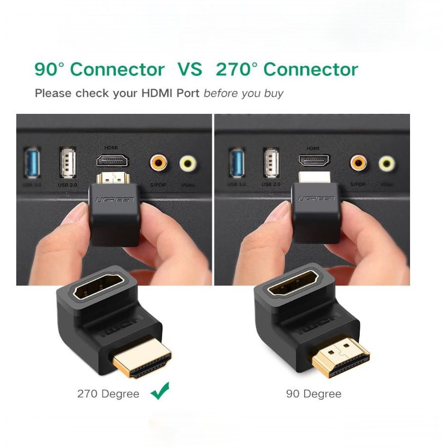 Đầu nối cổng HDMI cái sang HDMI đực vuông góc 90 độ UGREEN 20110 (màu đen)