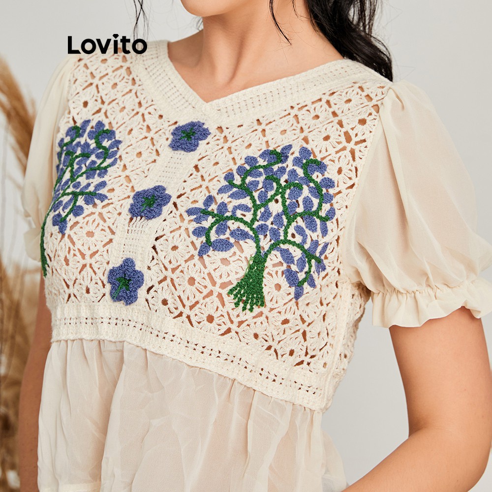 Áo Lovito phối ren màu tương phản khoét rỗng in hoa dễ thương L14X059 (màu trắng)