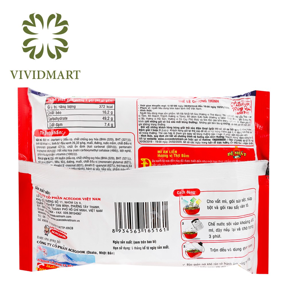 [Toàn quốc] [Gói lẻ] MÌ ĐỆ NHẤT VỊ THỊT BẰM, VỊ TÔM CHUA CAY - GÓI 82g - ACECOOK | BigBuy360 - bigbuy360.vn